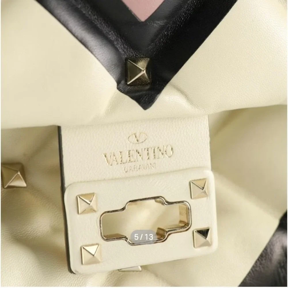 Valentino Garavani Candystud Top Handle Purse Pink Beige Black Leather Studded